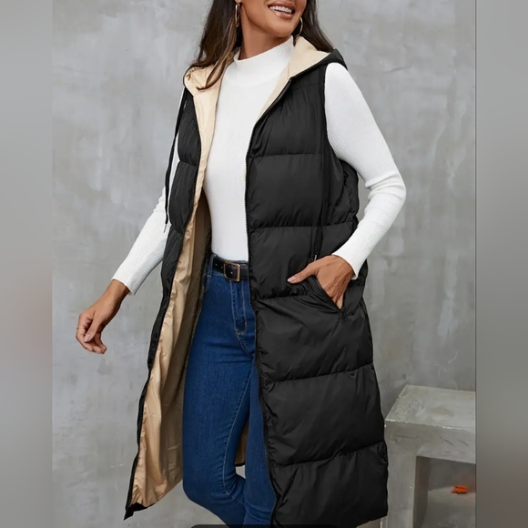 Black Zip Up Puffer Vest Hoodie With Pockets - Picture 4 of 6